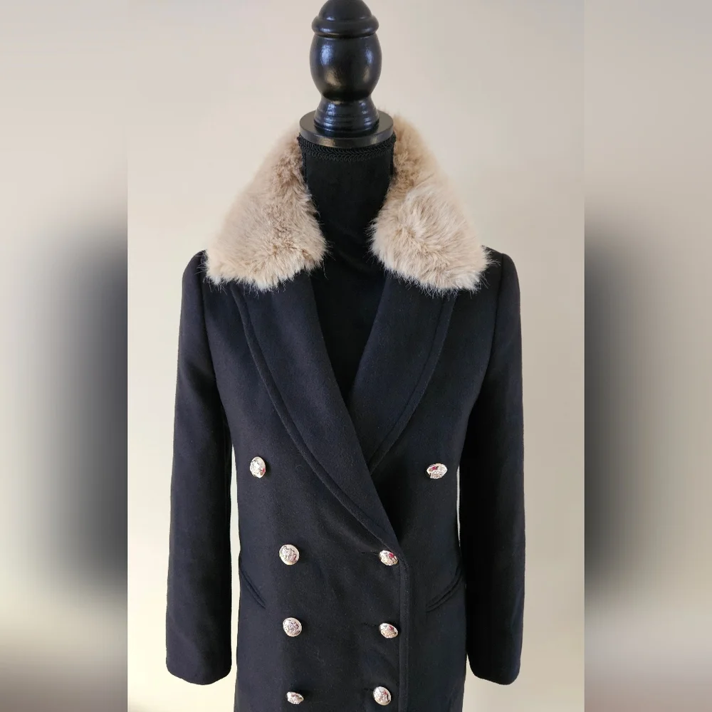 Topshop Nina Black Double-Breasted Slim Military Coat Faux Fur Collar Womens 4